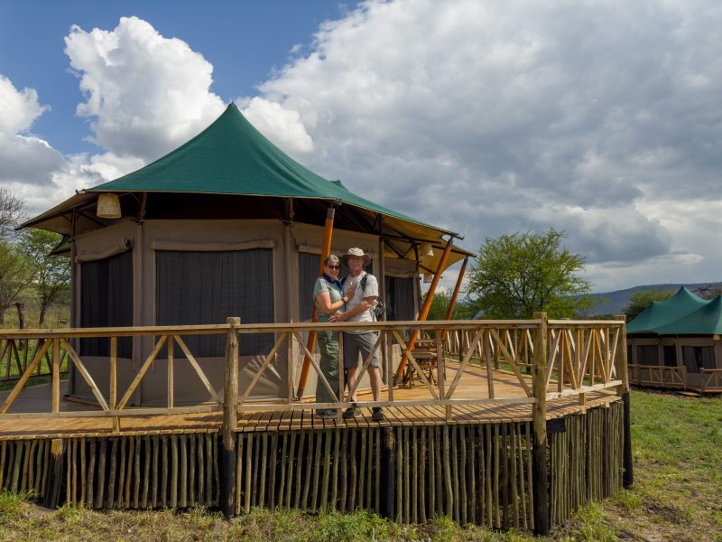 Luxury safari tent with view of the savanna